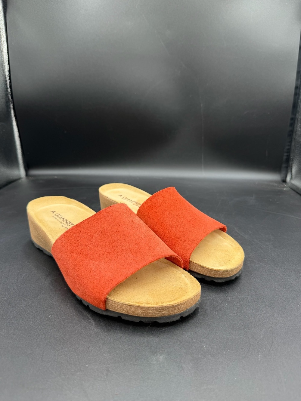 A. Giannetti Suede Leather Sandals Womens Size 7.5 Orange Pink Cork Wedge Italy